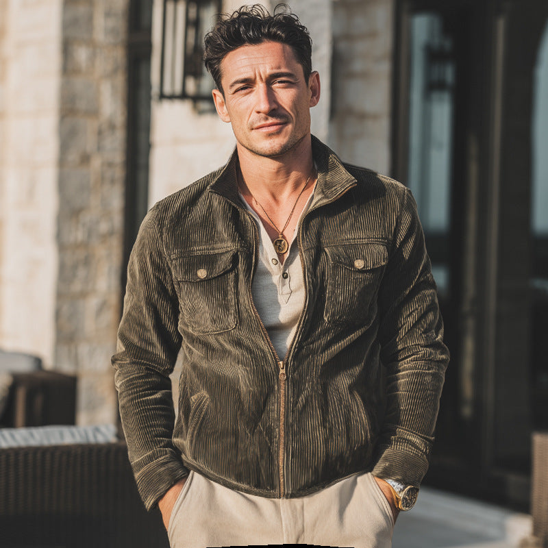 Men's Retro Corduroy Utility Jacket, Army Green - product view 3
