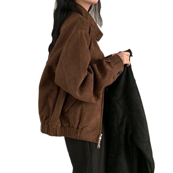 Retro Warm Deerskin Velvet Double Zipper Coat Jacket - WOMONA.COM