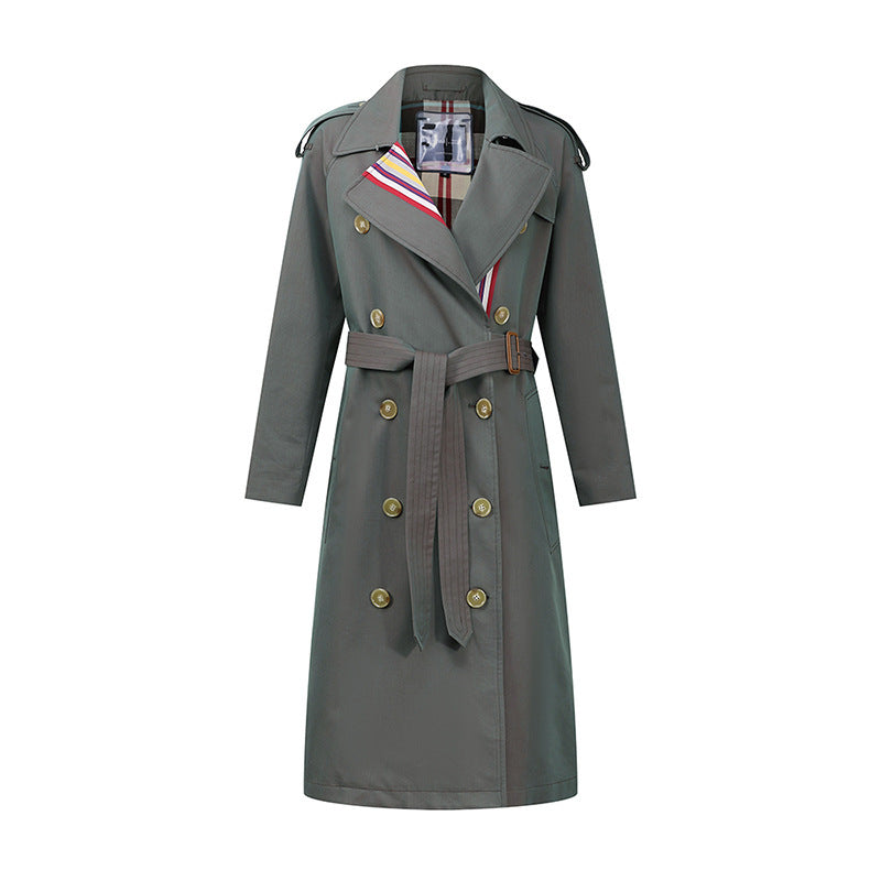 Ladies color stripe double-breasted trench coat