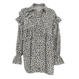 Design Leopard Print Damen Shirt Rüschen Langarm