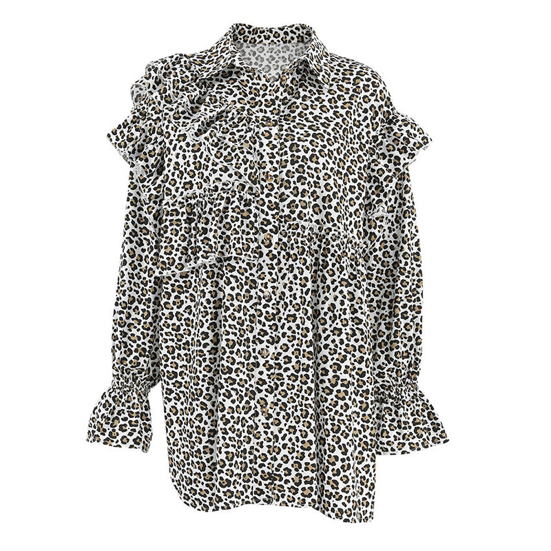 Design Leopard Print Damen Shirt Rüschen Langarm