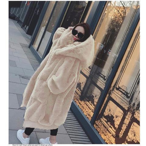 Women’s hooded fur jacket in light cream, thick plush outerwear with front zipper