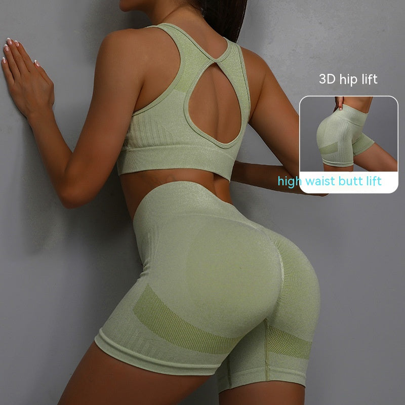 Light green sports bra and high-waist shorts set, racerback, scoop-back cutout