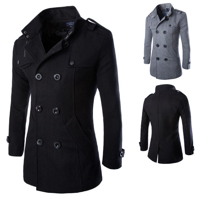 Men's wool double-breasted coat, black, stand collar, flap pockets with buttons.