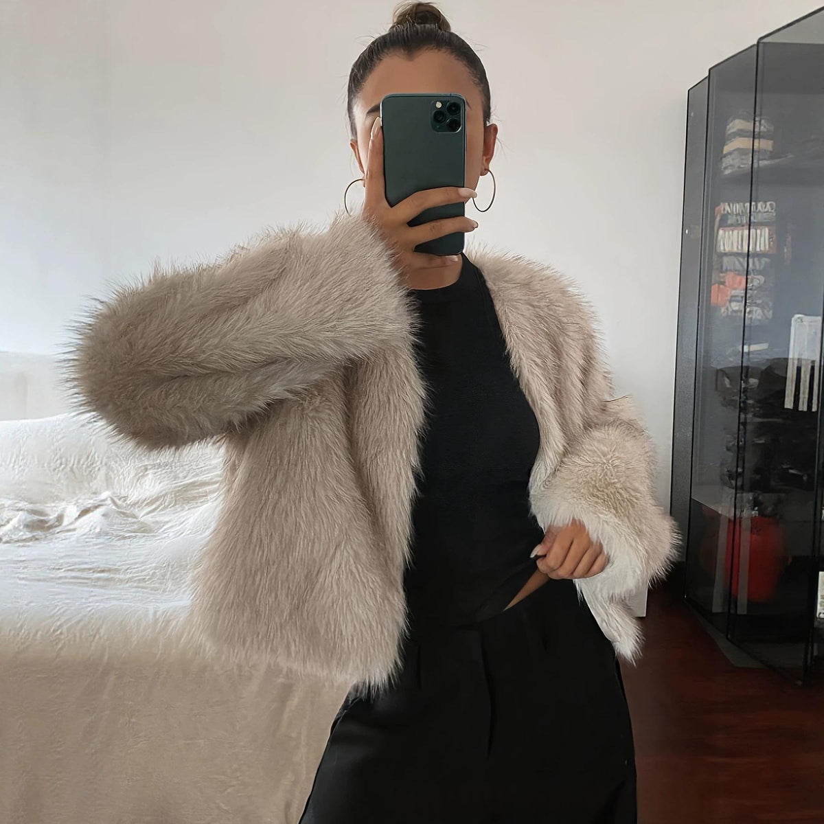 Apricot faux fur puffer coat with V-neck front and long sleeves