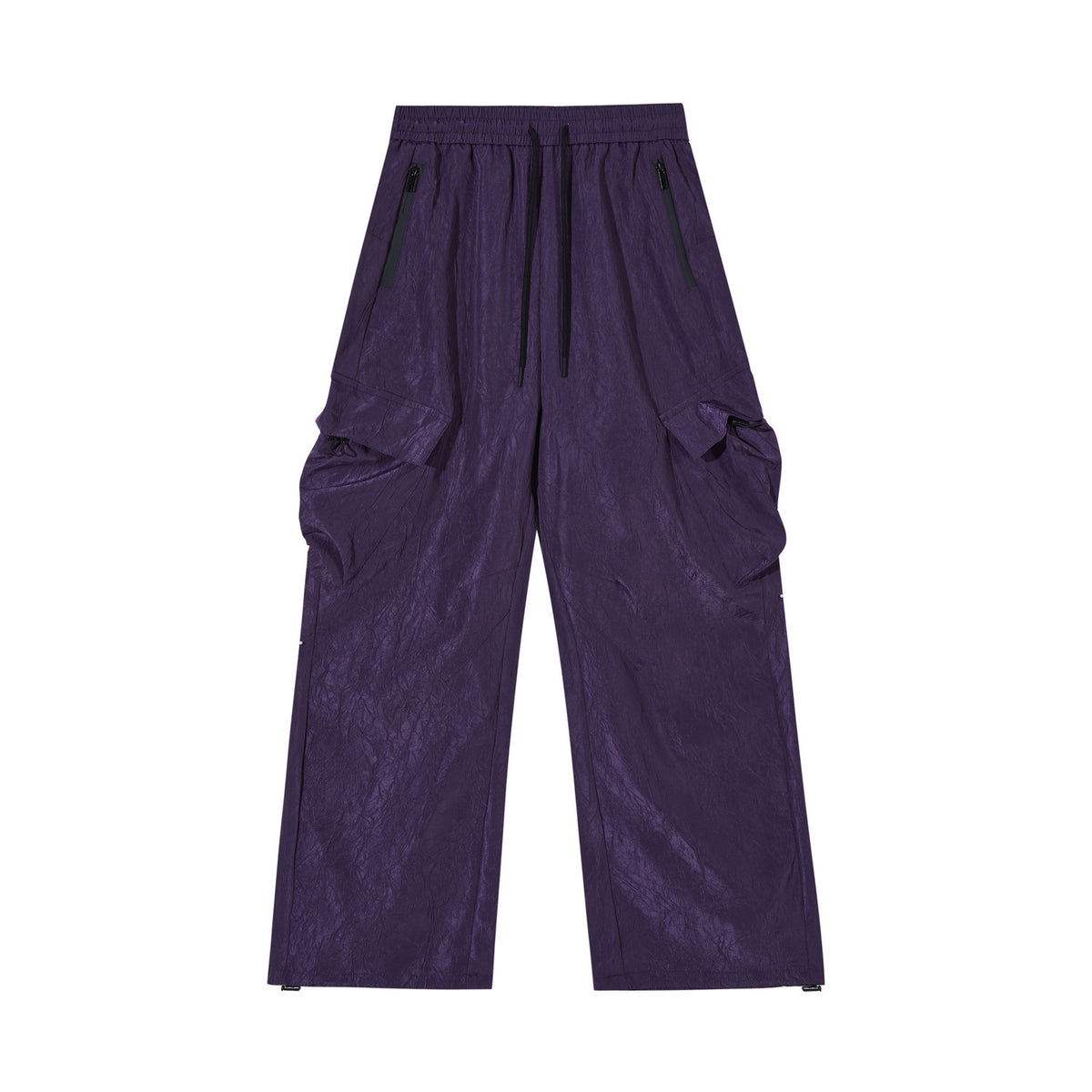 Purple pleated textured cargo trousers with drawstring waist and side flap pockets
