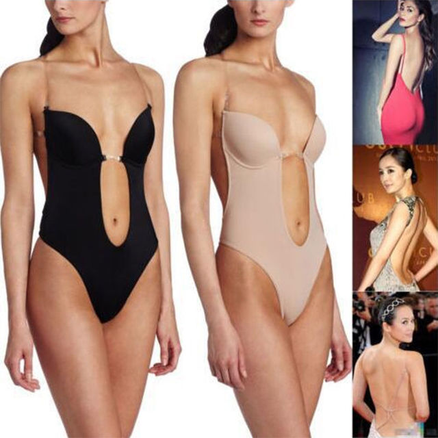 Black backless shapewear bodysuit with keyhole cutout at center back