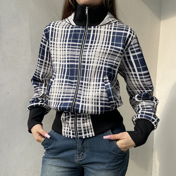 American High Street Ins Style Contrast Color Check Waist-tight Jacket