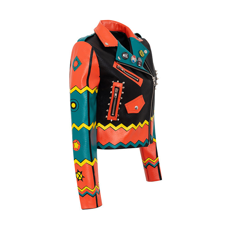 Personalized Graffiti Print Motorcycle Leather Jacket - WOMONA.COM