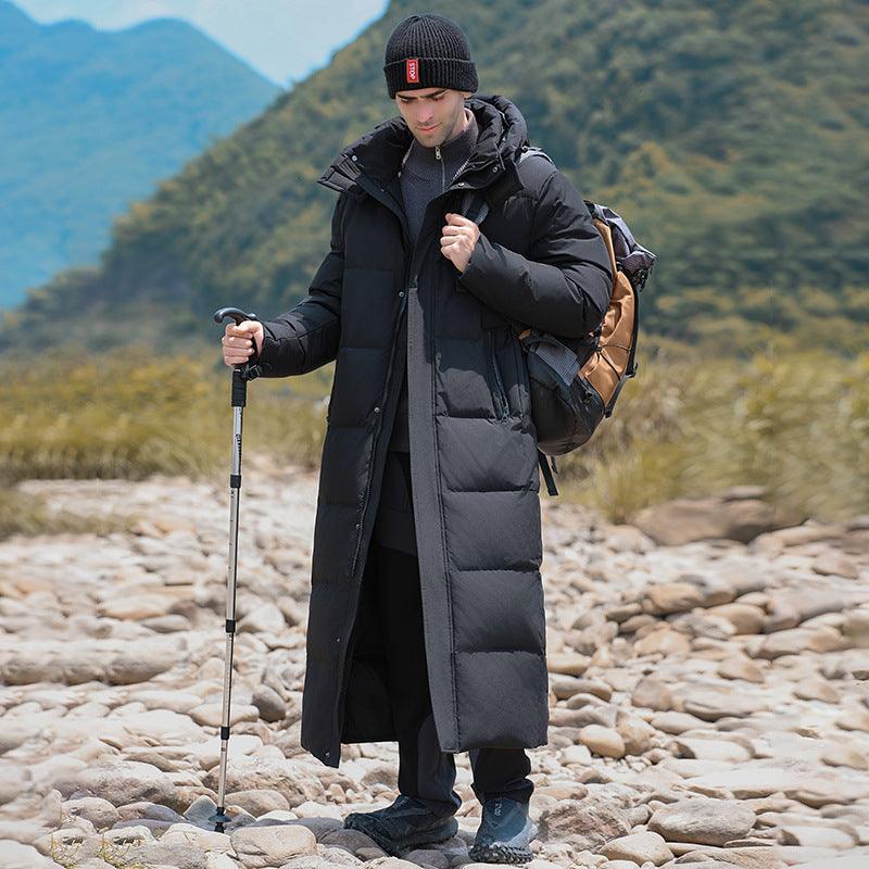 Men's black long hooded puffer coat with zipper and quilted front