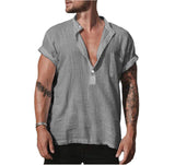 Loose Stand Neck Solid Color Pocket Short Sleeve Shirt - WOMONA.COM