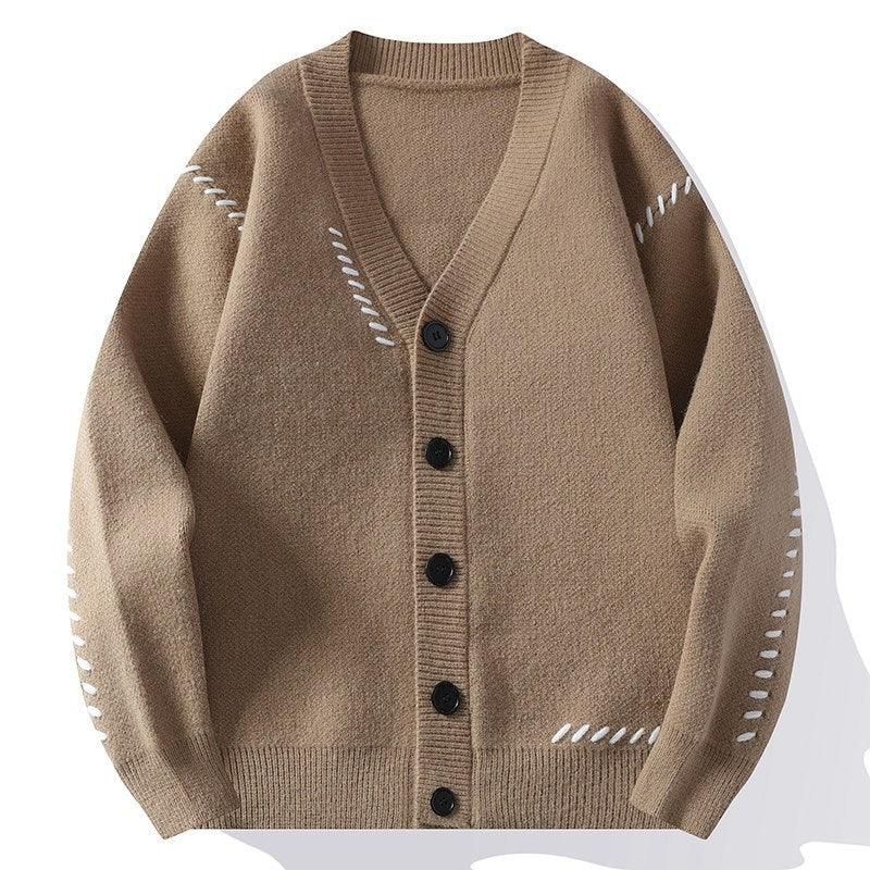 Khaki knitted cardigan coat, V-neck, black button front, ribbed trim, stitched chest accents.