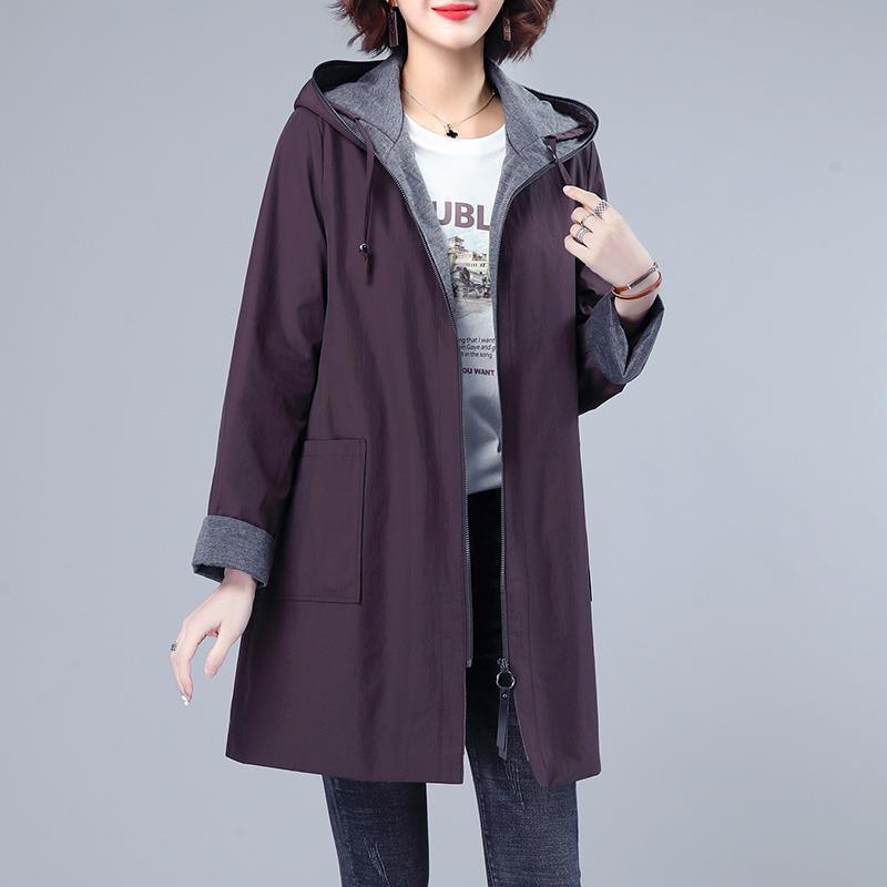 Women’s long baggy windbreaker coat, dark purple, hooded with front pockets and zip.