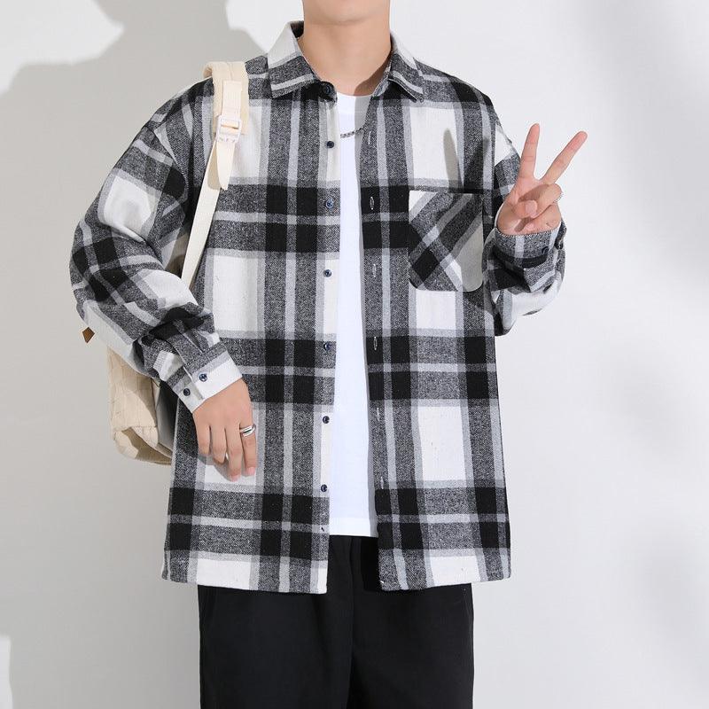 Black and white plaid button-up coat with chest pocket and long sleeves