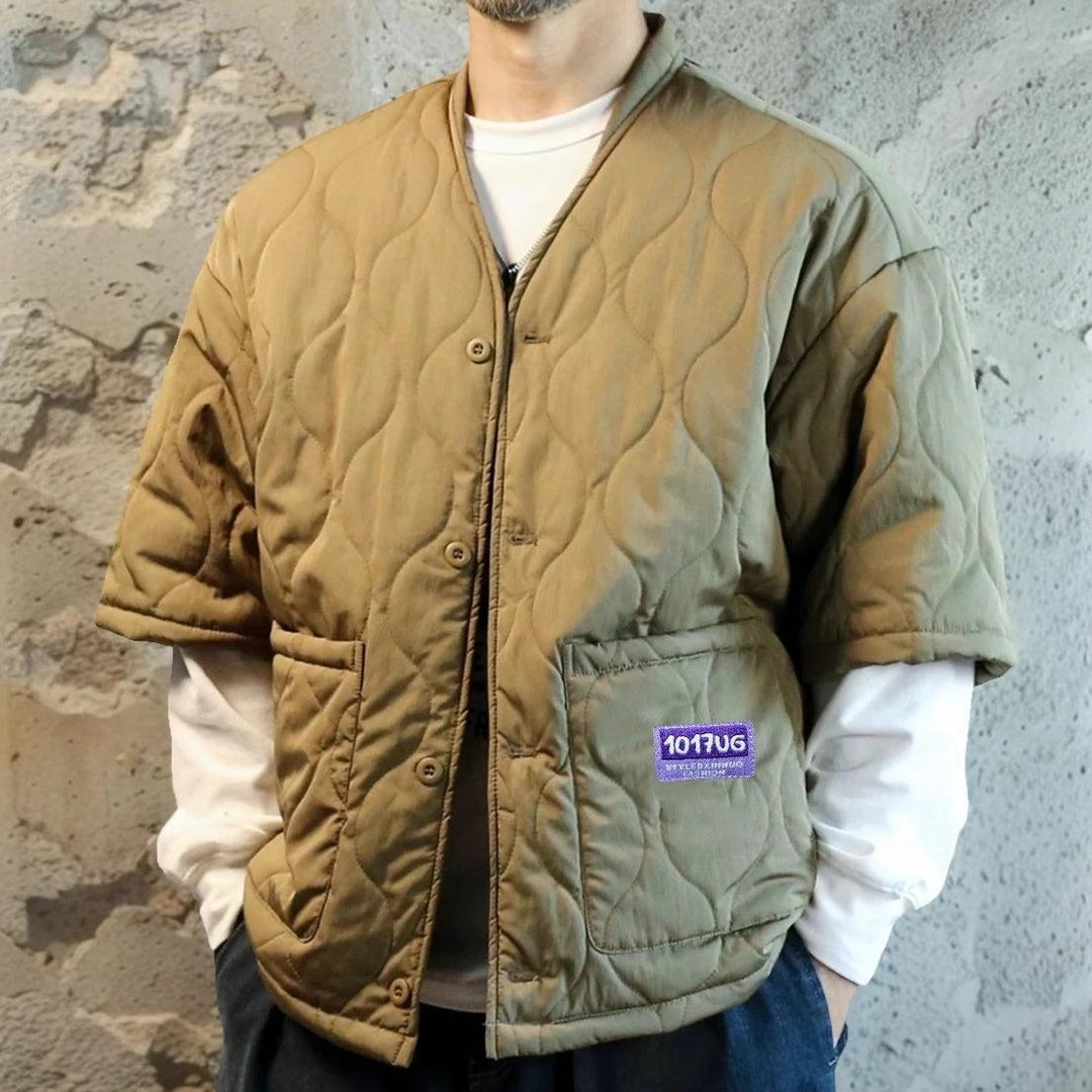 Men's quilted cotton jacket in army green, button-front with chest patch pocket and logo tag