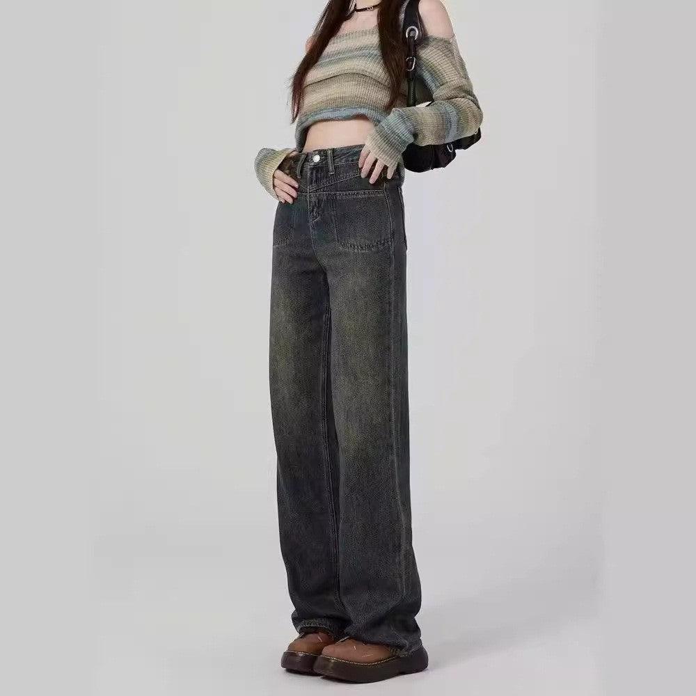 Front view washed-out wide-leg jeans, dark gray with worn wash and relaxed straight fit