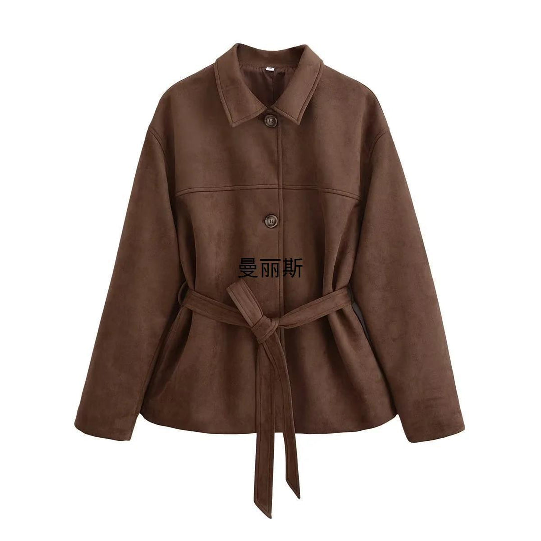 Brown suede long-sleeve shirt jacket with pointed collar, button front, and tied belt
