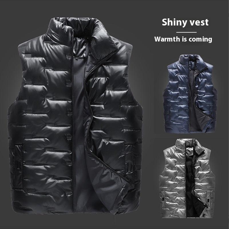 Glossy black puffer down-style vest with stand collar, full zipper, and side pockets