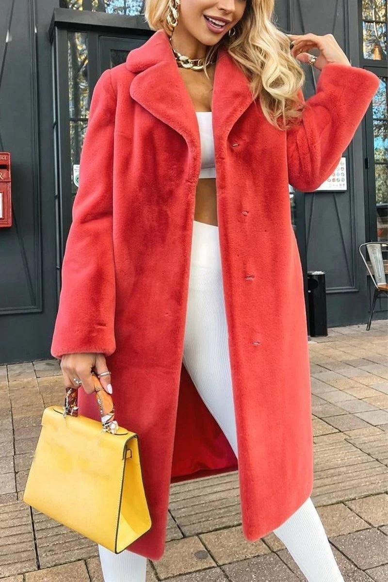 Elegant Lace-up Turn-down Collar Plush Long Coat