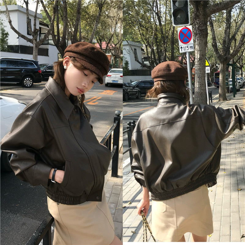 American Retro Lapels Cropped Leather Coat Female Sweet Cool Handsome