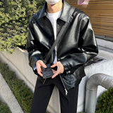 Fashion Solid Color Men's Lapel Leather Jacket - WOMONA.COM