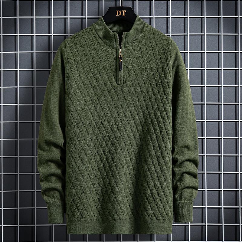 Fall Winter Men Half Zip Sweater Diamond Lattice Sweater - WOMONA.COM