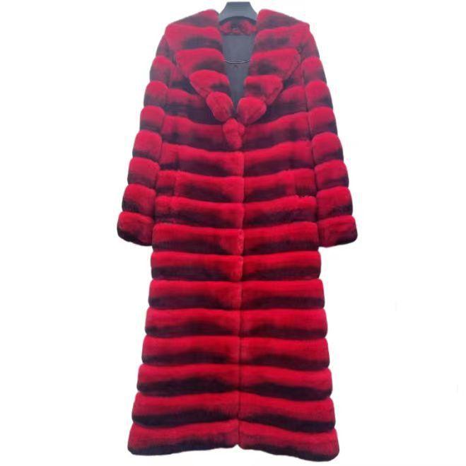 Red striped fur long coat with standing collar and button front