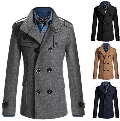 Men's wool double-breasted coat with stand collar, dark grey, button front.