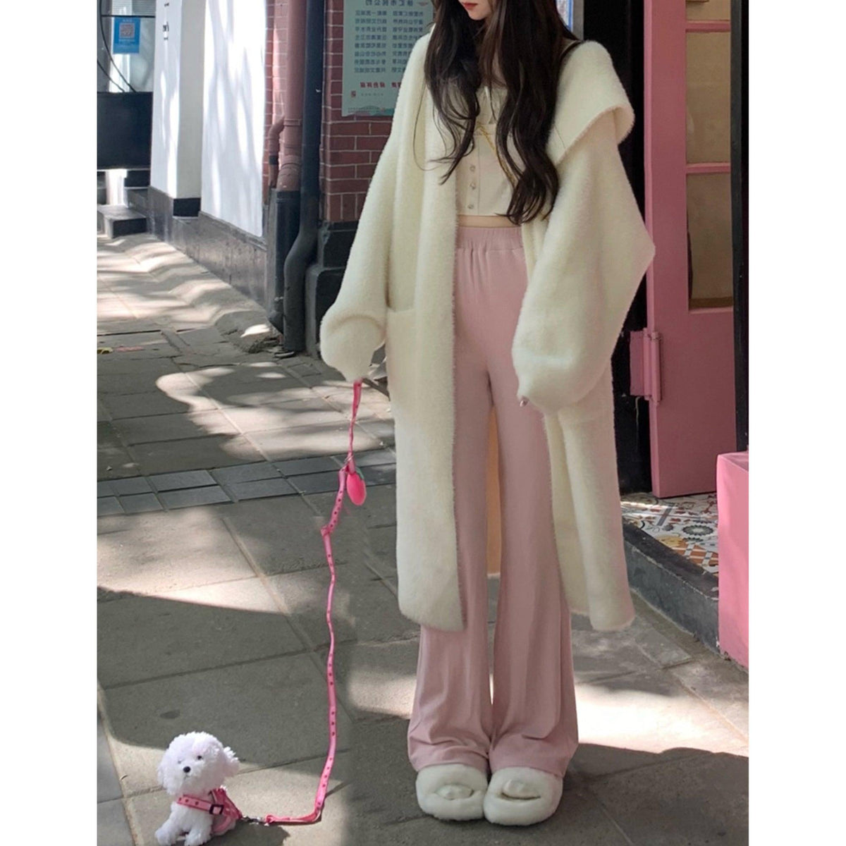 Women's hooded faux fur cardigan coat, cream with open front and long sleeves