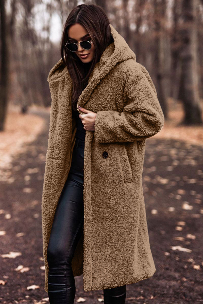 Women's hooded long teddy coat