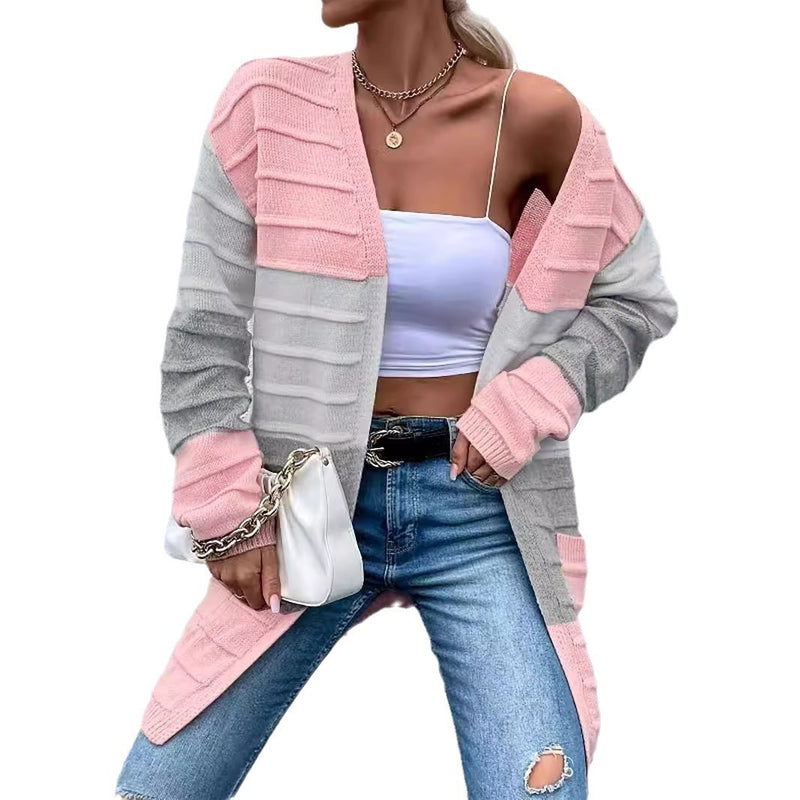 Long Striped Color Matching Cardigan - WOMONA.COM