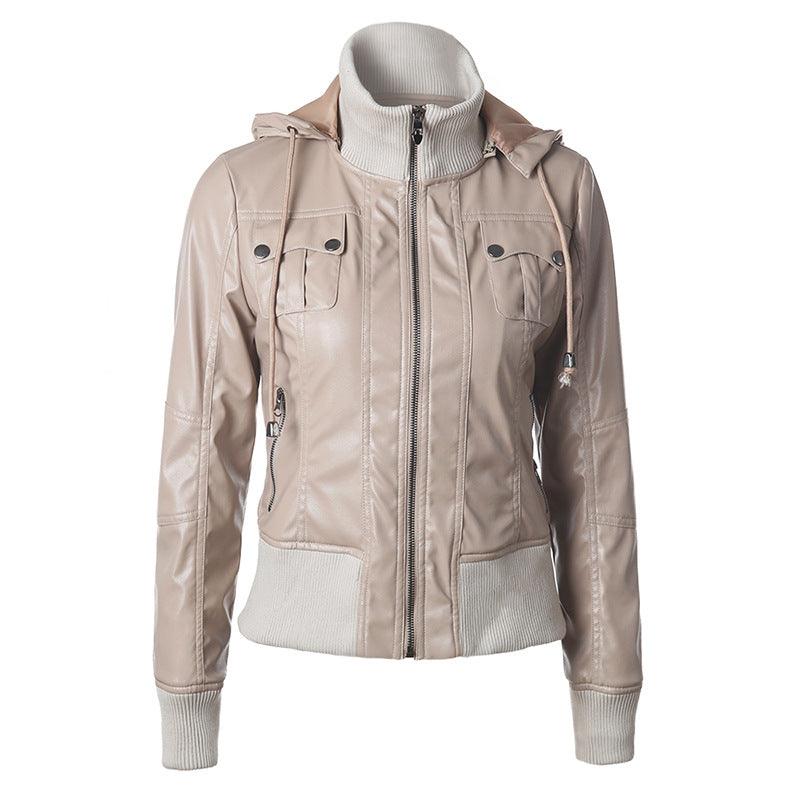Hooded drawstring high neck zipper PU leather jacket - WOMONA.COM