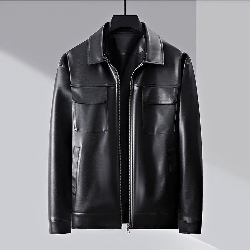 Men's lapel business casual jacket, black, zip-front with flap chest pockets