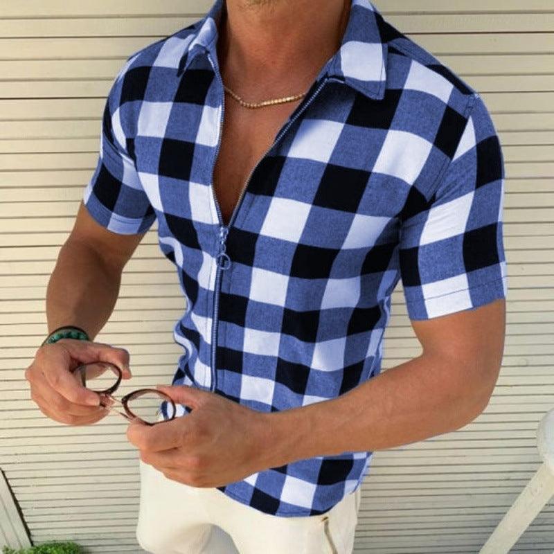 Plaid T Shirt Mens Zipper Short Sleeve Shirts - WOMONA.COM