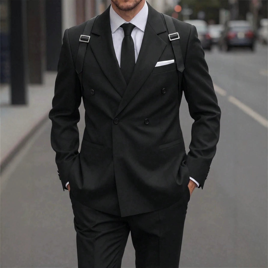 Men's black double-breasted suit jacket, peaked lapels, pocket square, shoulder strap buckles