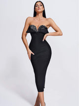 Women's Sequined Low Cut Strapless Black dress - WOMONA.COM