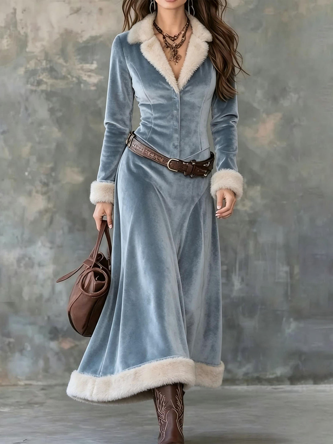 Women's misty blue long-sleeve maxi dress with cream furry trim
