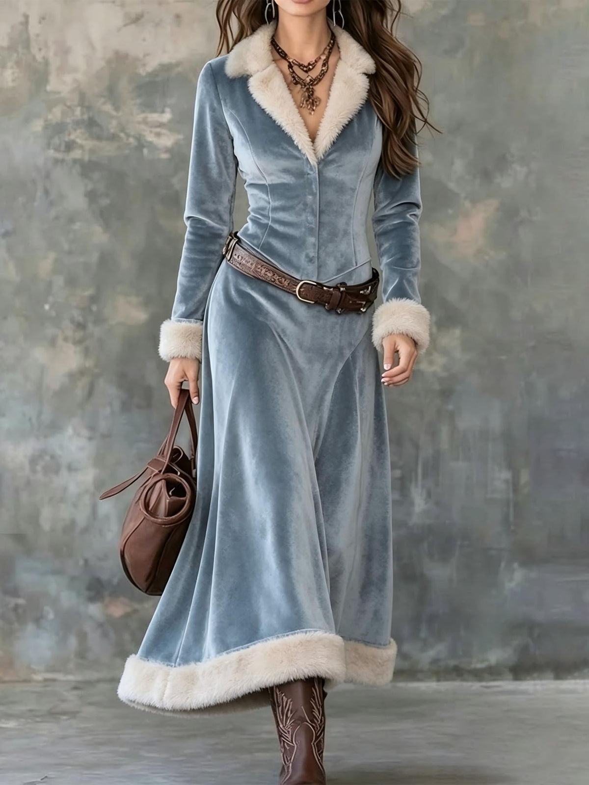 Women's misty blue long-sleeve maxi dress with cream furry trim