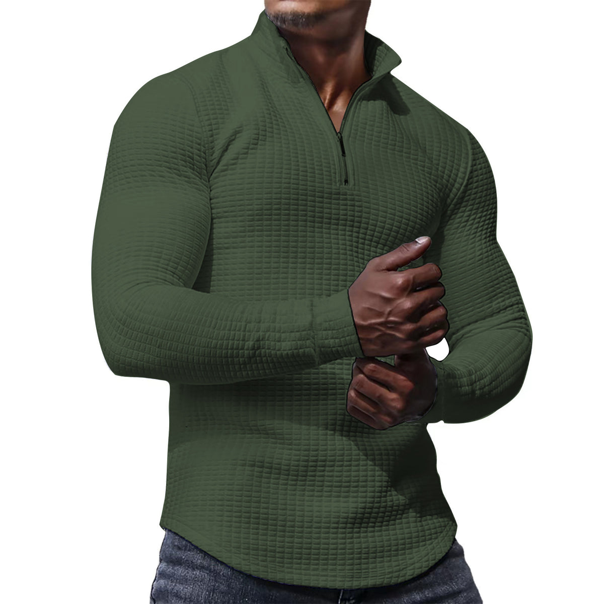 Men's Waffle-Knit Quarter-Zip Sweater, Army Green - product view 5