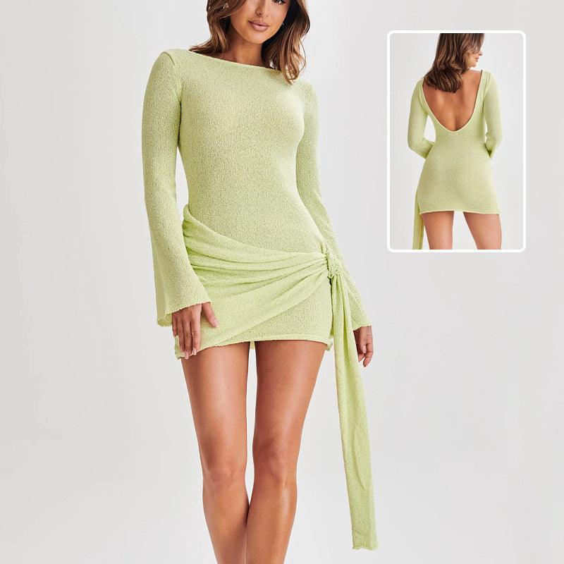 Lime green slim long-sleeve mini dress with ruched side drape and tie detail