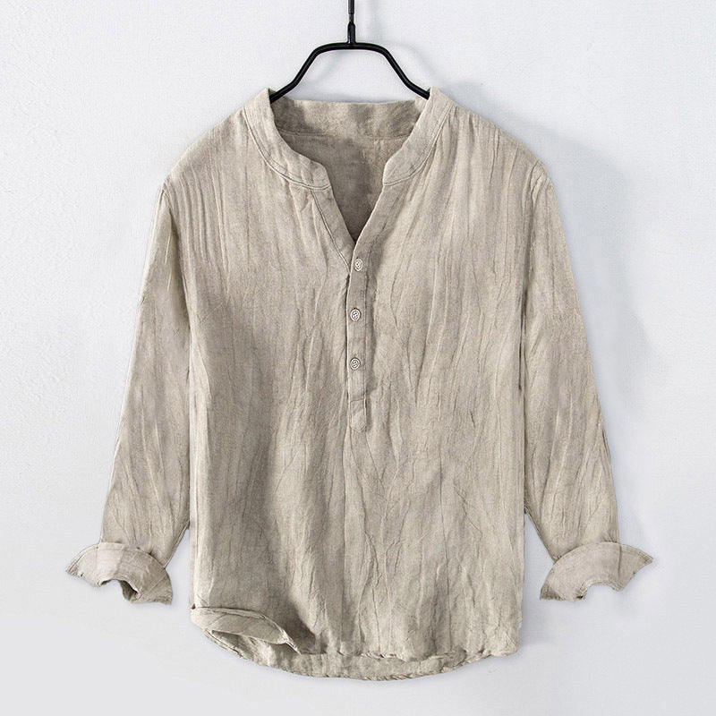 Light beige mens cotton-linen stand-collar shirt with 3-button placket, long sleeves