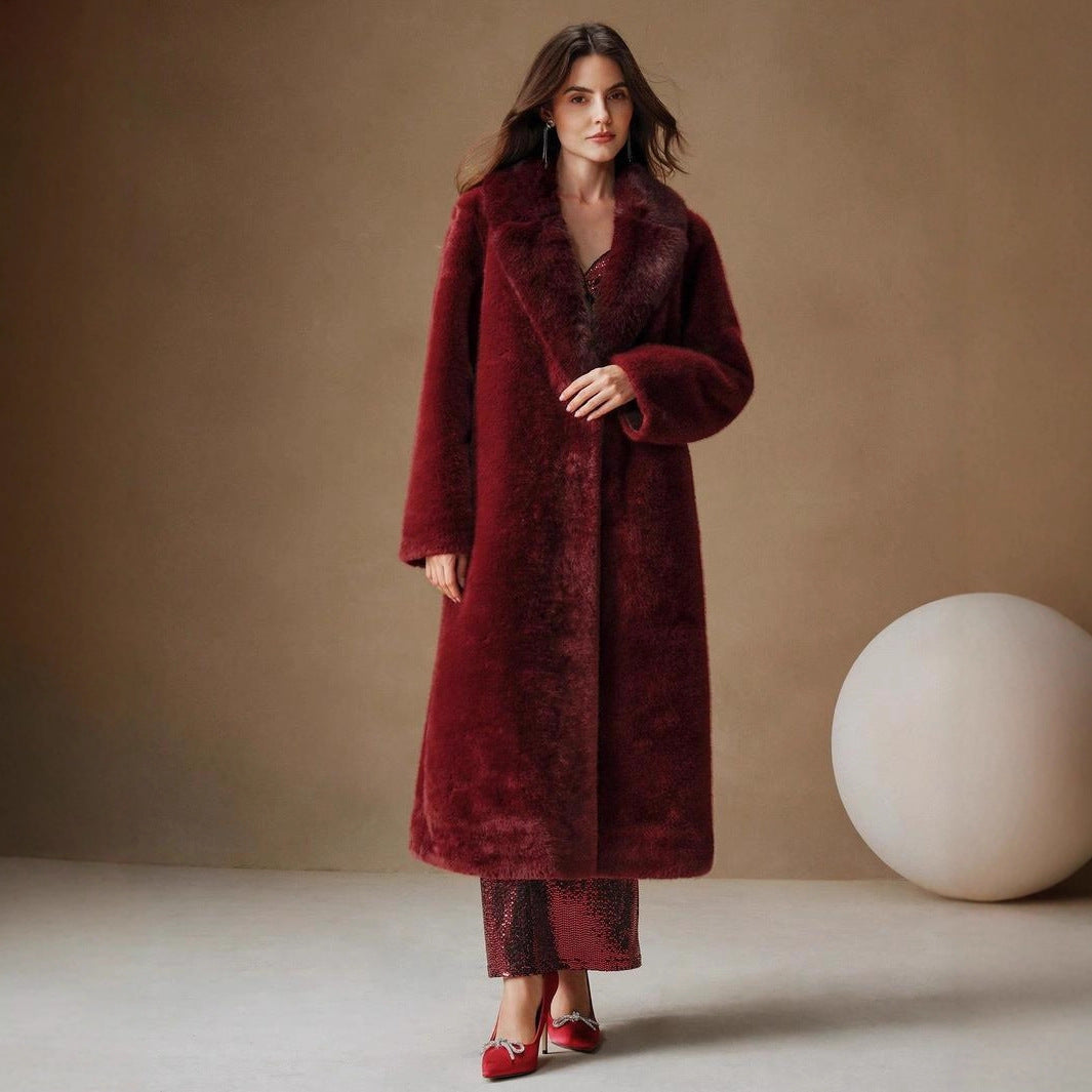 Wine red faux fur long coat with textured plush surface and shawl collar