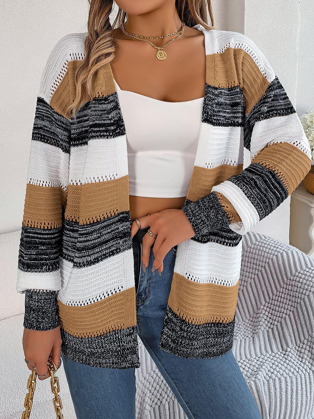 Women's Casual Color-Block Stripe Lantern-Sleeve Cardigan