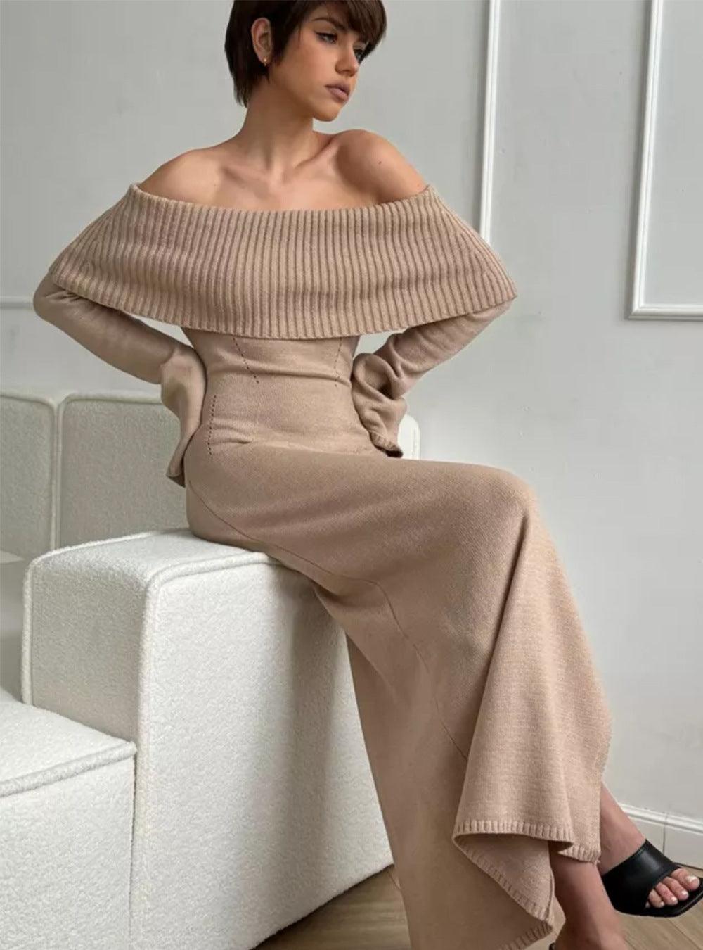 Lapel Off-the-shoulder European And American Knitted Dress - WOMONA.COM
