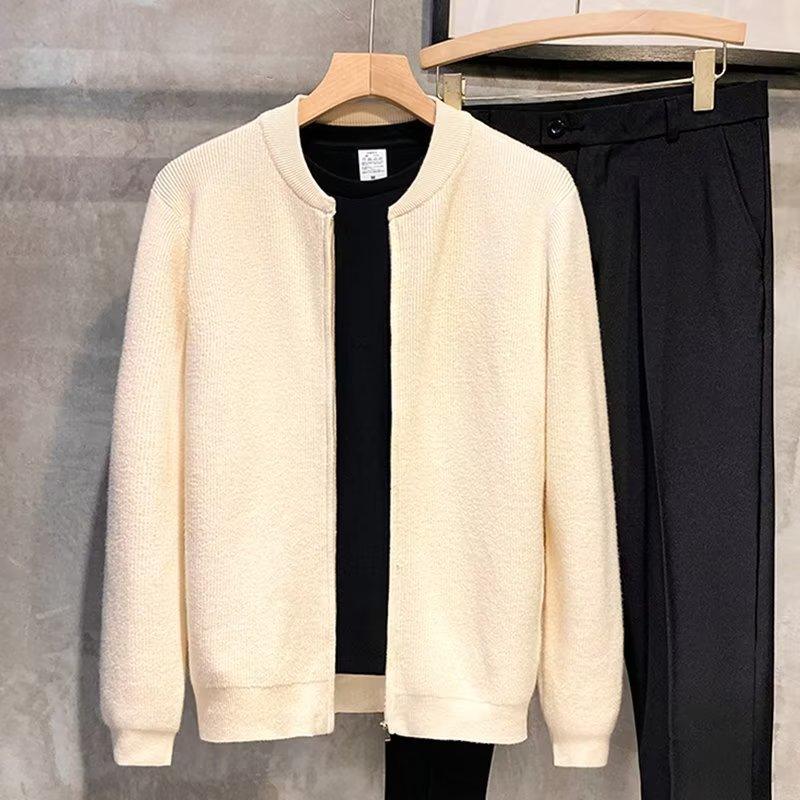 Men's rib-knit cardigan sweater with double-zip front, cream