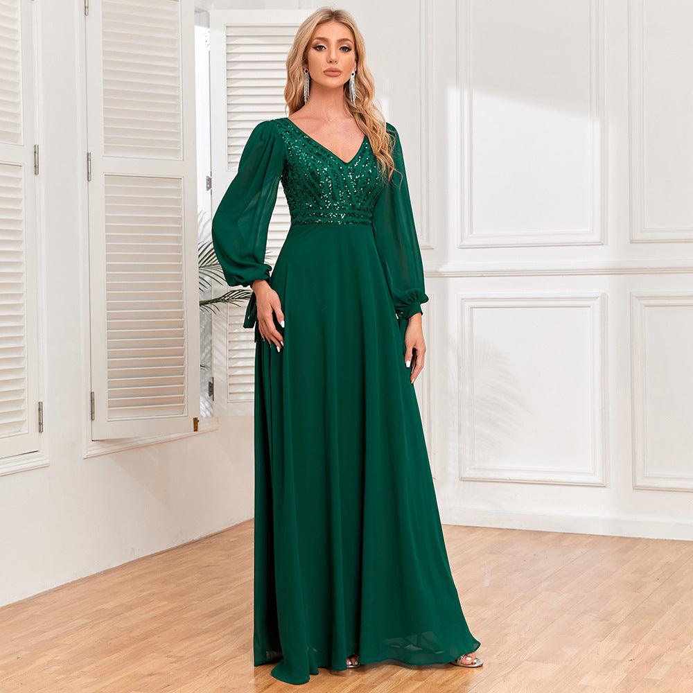Women's Green Sequin Chiffon A-Line Evening Dress