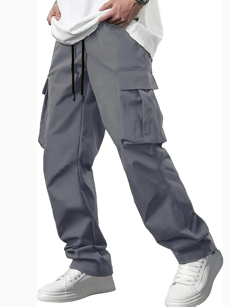 Men’s dark gray cargo pants with drawstring waist and flap cargo pockets