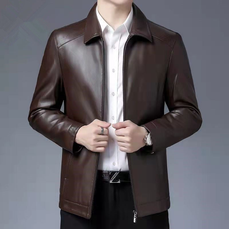 Brown leather jacket with stand collar, front zipper, and two chest pockets