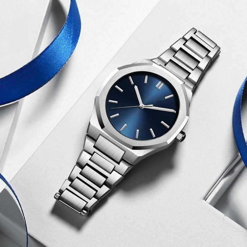 Men's quartz watch with stainless steel bracelet and round blue dial