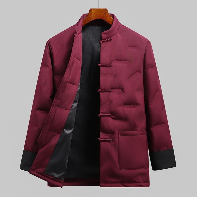 Wine red Chinese Tang down jacket with stand collar and frog-button front, chest pocket.